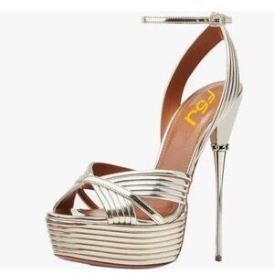 FSJ Gold Lines Strappy Open Toe Platform Ankle Strap High Metallic Heel Sandals